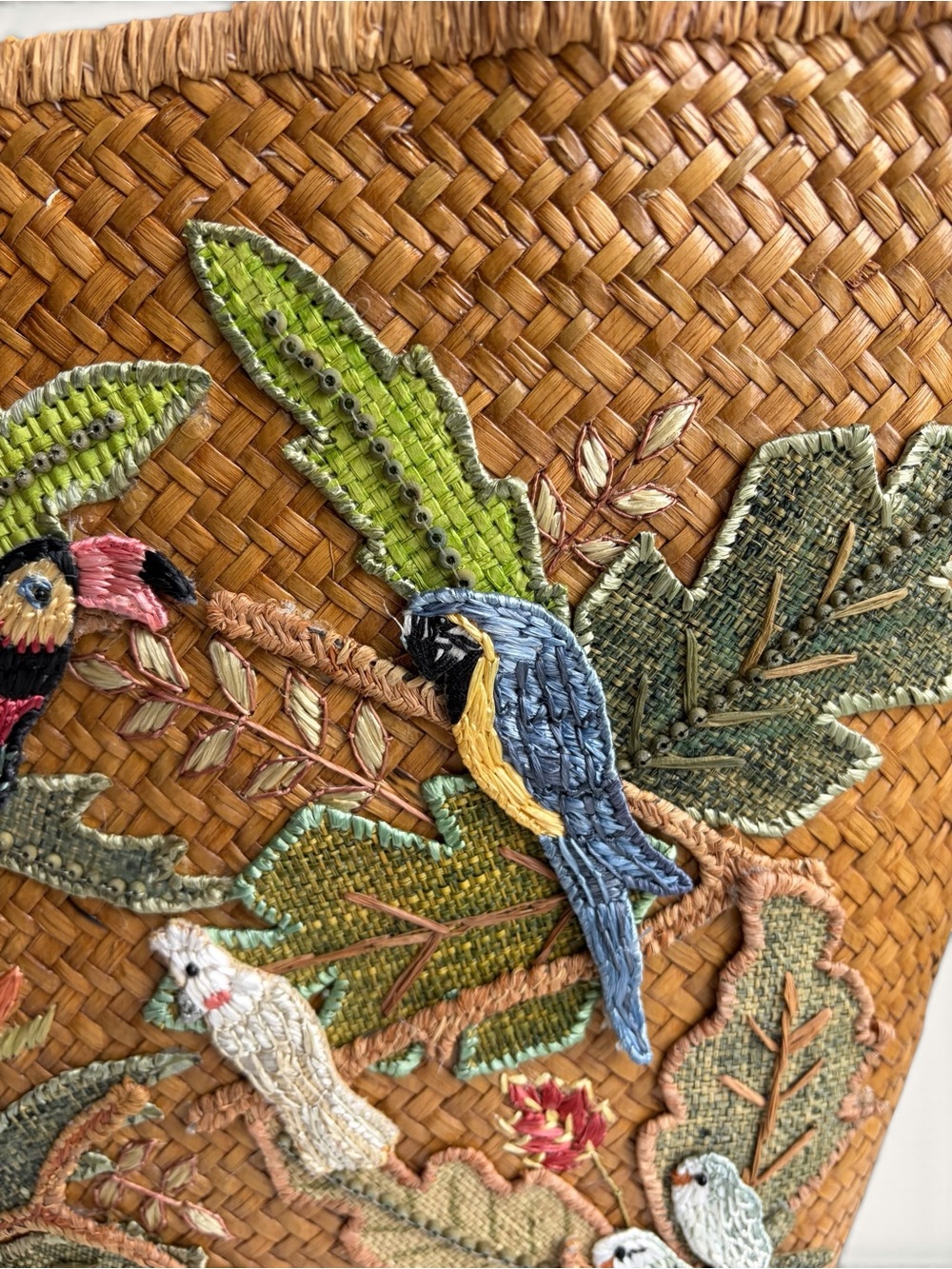 Vintage Cappelli Brown Straw Tote with Multicolor Parrot Embroidery - Picture 16 of 16